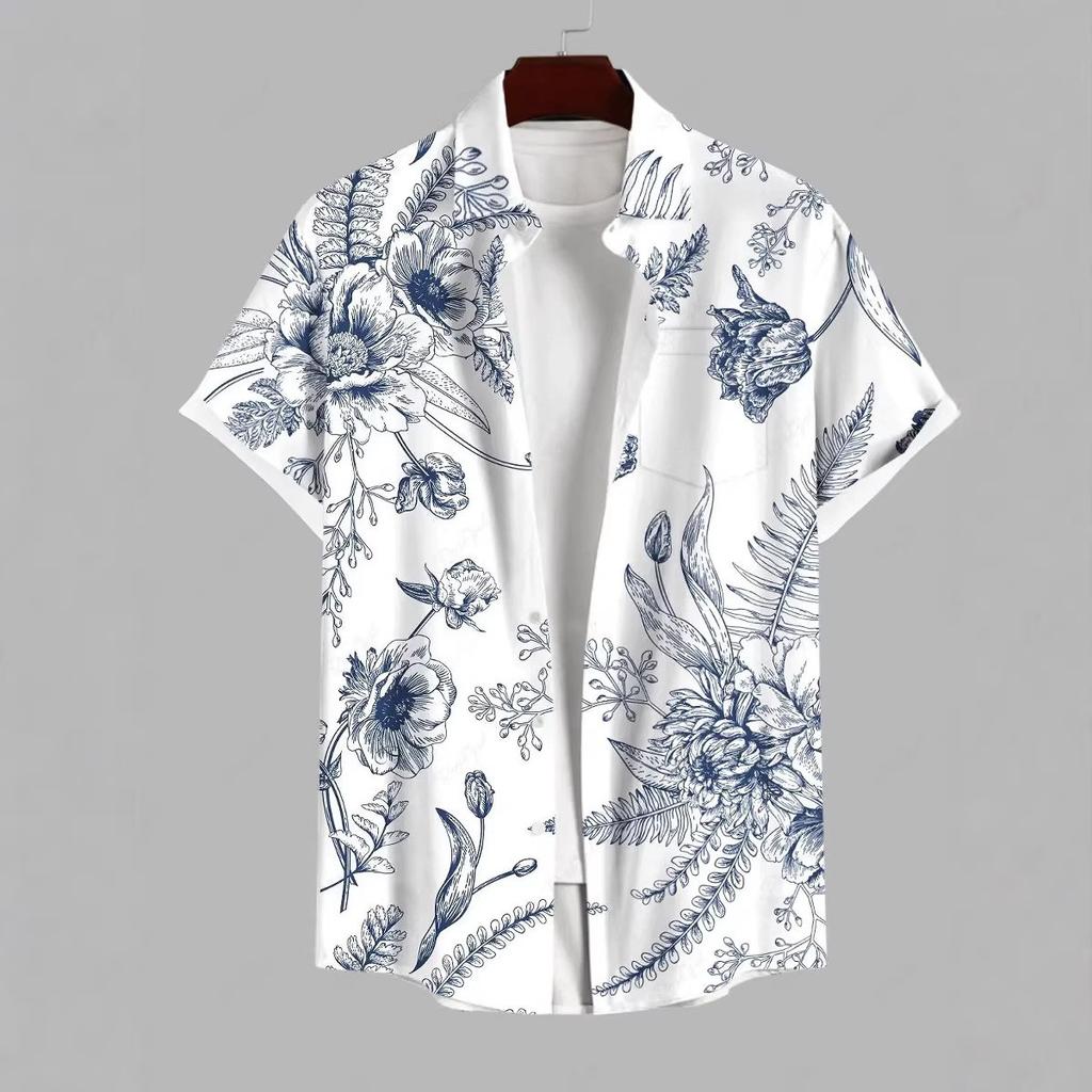 Erkek Yazlık Kısa Kollu Hawaii Gömlek Plaj Tatil Baskılı Gömlek Üst %100 Polyester