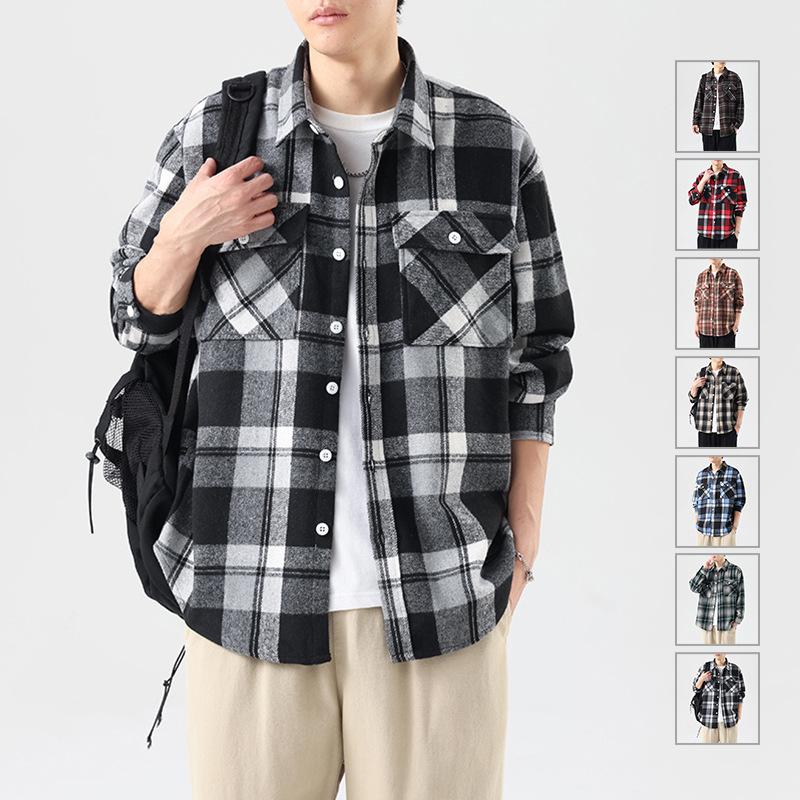 Höst Rutig Skjorta Herr Stor Storlek Casual Lös Retro Trend Krage Långärmad Skjorta Herrkläder