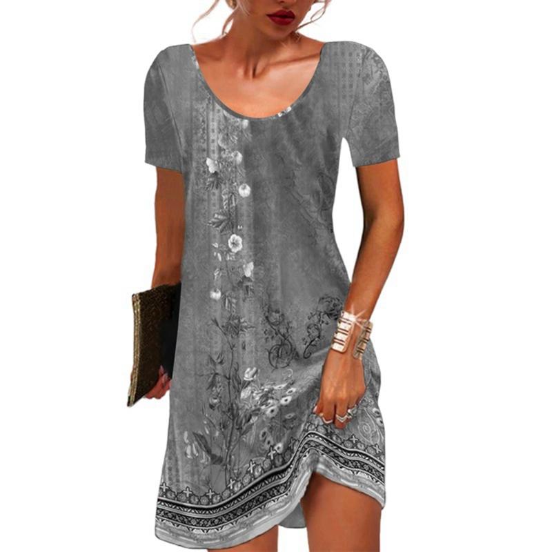 Women s Floral Print Casual Short-Sleeve Dress 2XL