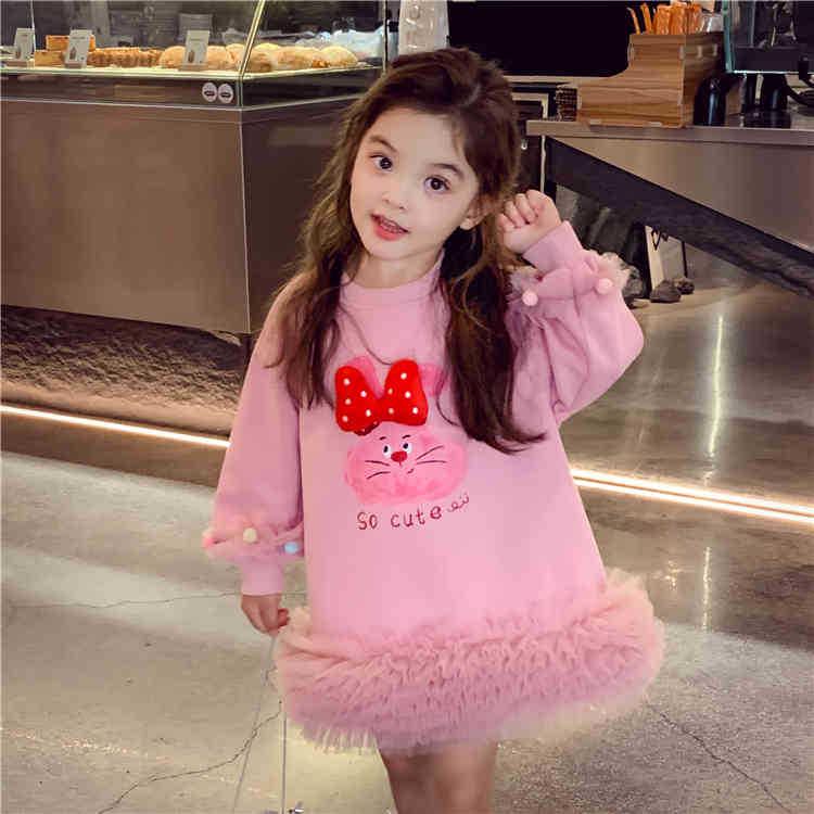 Autumn 2024 Casual Sweater Mesh Princess Dress for Little Girls