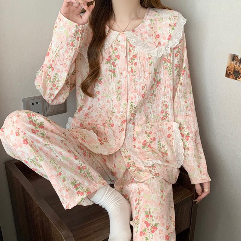 Pigiama in Cotone a Nuvole Pois - Set da Donna a Manica Lunga con Collo da Bambola per Primavera e Autunno