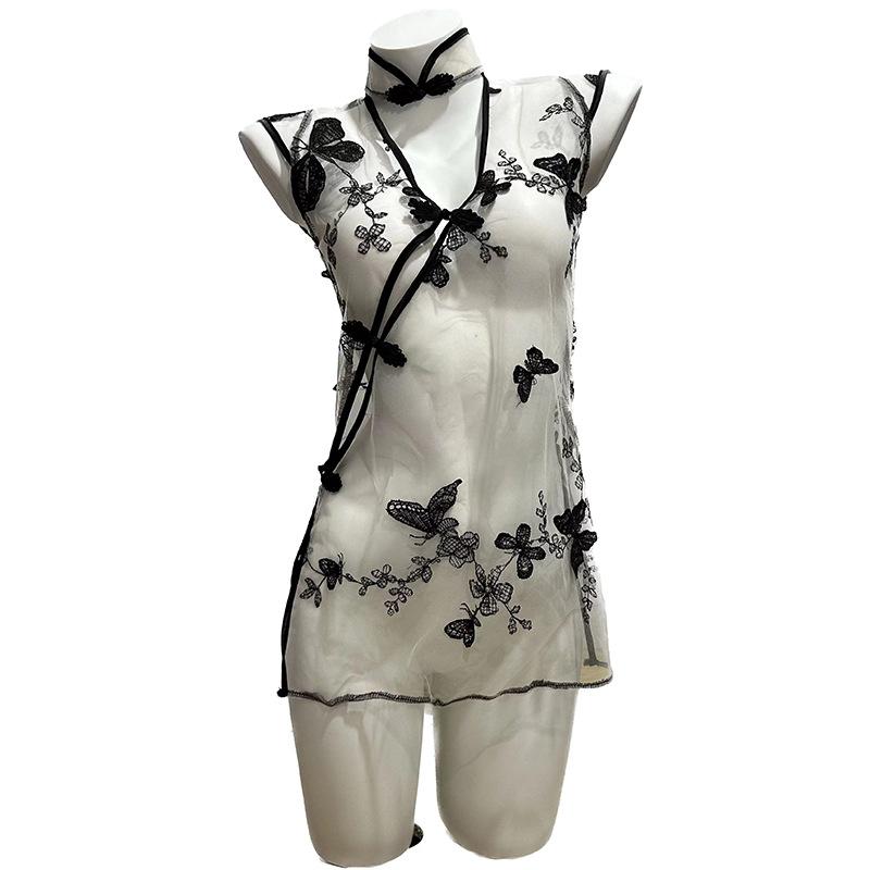 Sex underwear women's sexy perspective nightgown seduction retro hollow butterfly embroidered cheongsam uniform