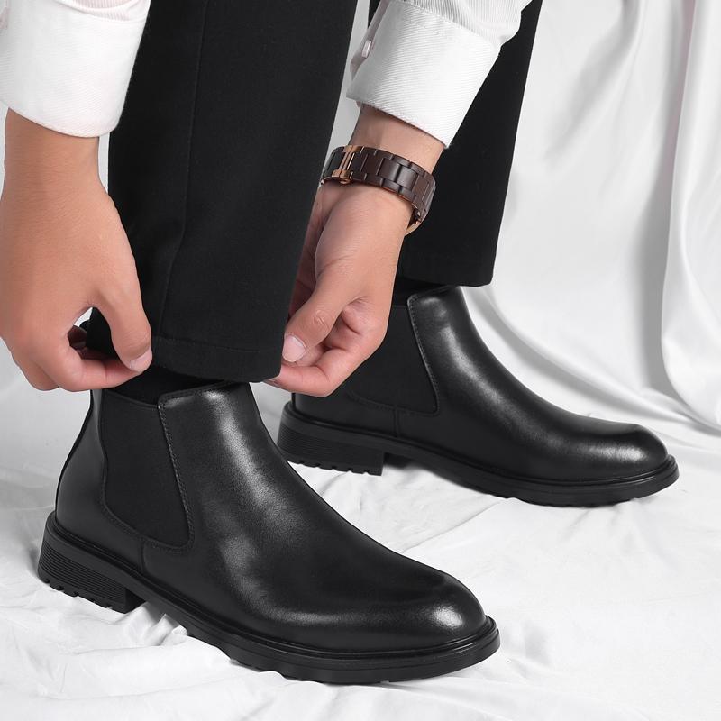Fashion Vintage Chelsea Mens Ankle Boots Elevator Leather British Style Street Style Male Platform Chelsea Boots Slip On Motocross Boots