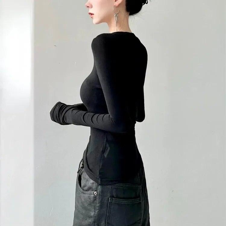 Black Retro Angel Print T-shirt for Women 2026 Autumn Fashion Slim Fit Tee Shirt Y2k E-Girl Long Sleeve Bottoming Tops Mujer