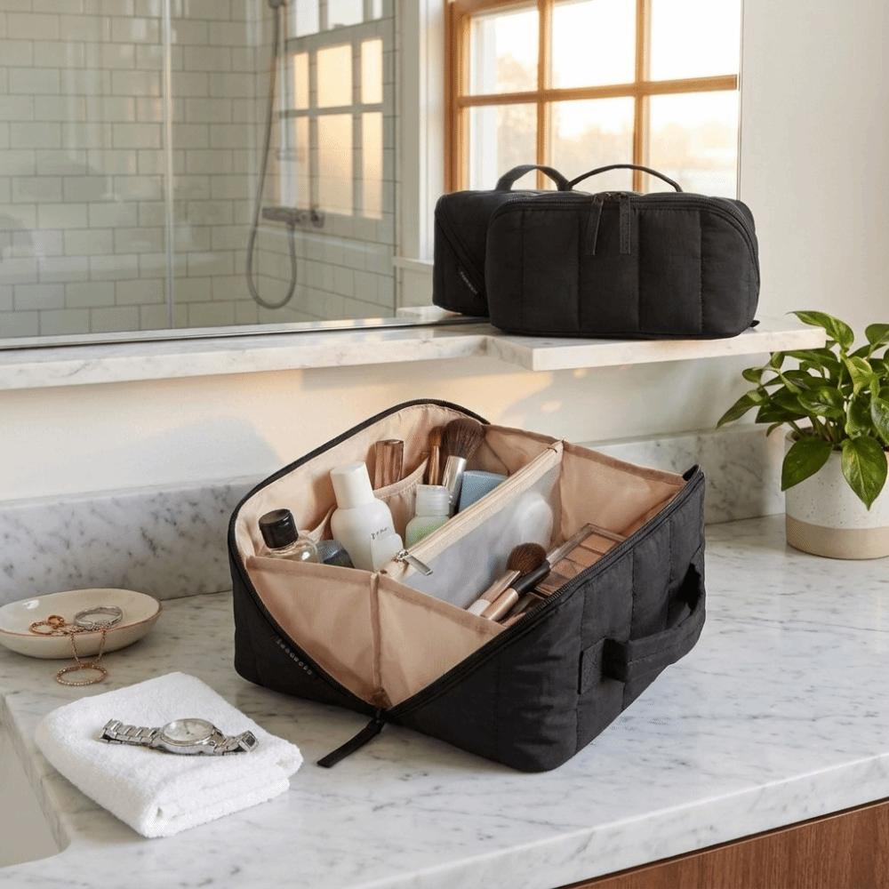 Water-resistant Toiletry Bag Open Flat Cosmetic Case Puffy Padded Makeup Bag Skincare Storage