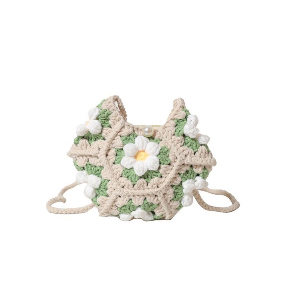 Sweet Handmade Crochet Crossbody Bag Flower Pattern Fabric Yarn Small Change Purse Knitted Shoulder Bag