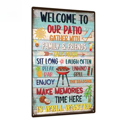 Welcome To Our Patio Vintage Metal Tin Sign - Rustic Wall Art with "Gather with Family & Friends" Design, Perfect for Home Decor