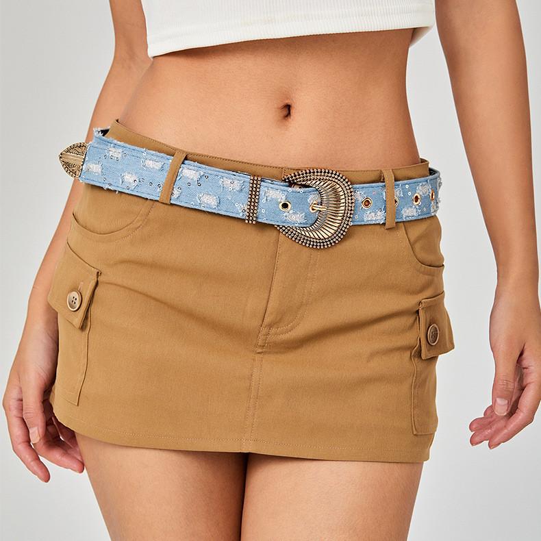 Retro Floral Embossed Denim Belt Unique Leather Belt Decoration Versatile Needle Buckle Belt Trendy Waistband