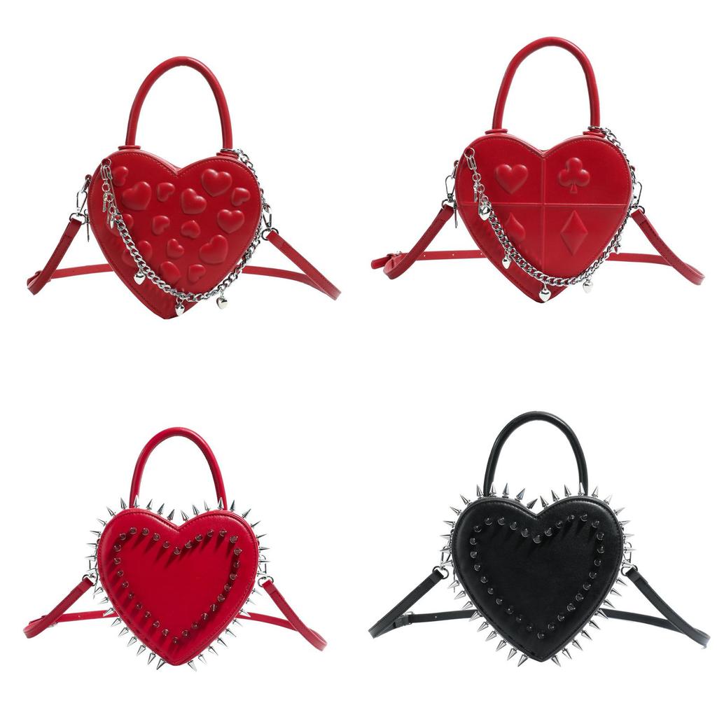 Pu Heart Shaped Bag For Women With Doublesided Stud Embellishments And Chain Strap For Daily Use