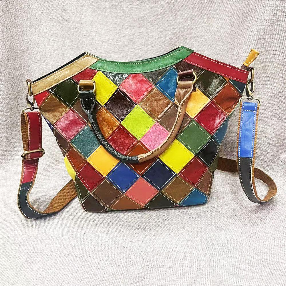 Borsa da Donna in Pelle Retro Wind Pelle Colorata Rombi Giuntati Borsa a Mano in Pelle di Mucca Borsa a Tracolla Borsa