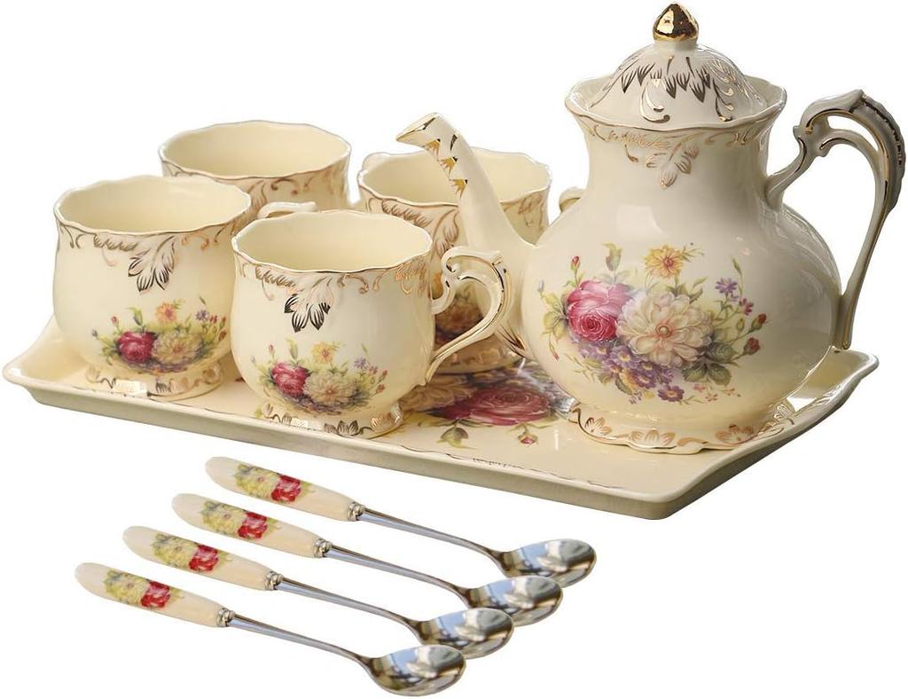 Porcelain Tea Set, Vintage Flowering Shrubs Teapot and Cups Set for Tea Party, Birthday Gifts for Mom Adults Women Wedding