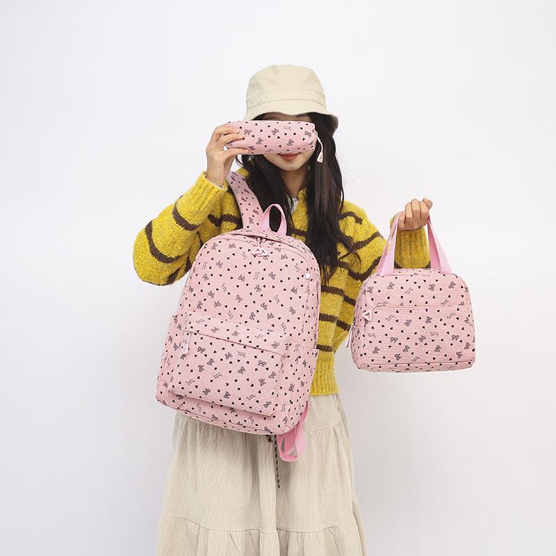 Three-Piece Backpack Set Bow Printed Corduroy Large Capacity Handbag Multi-Functional Backpack with Lunch Bag Pen Bag