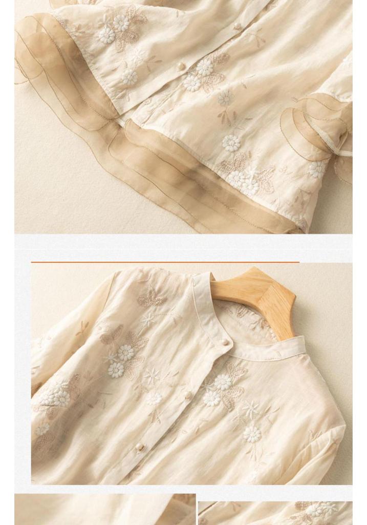 Artistieke Retro Kant Patchwork Dames Top: Katoen-linnen blouse met zeven mouwen en zware borduurwerken.