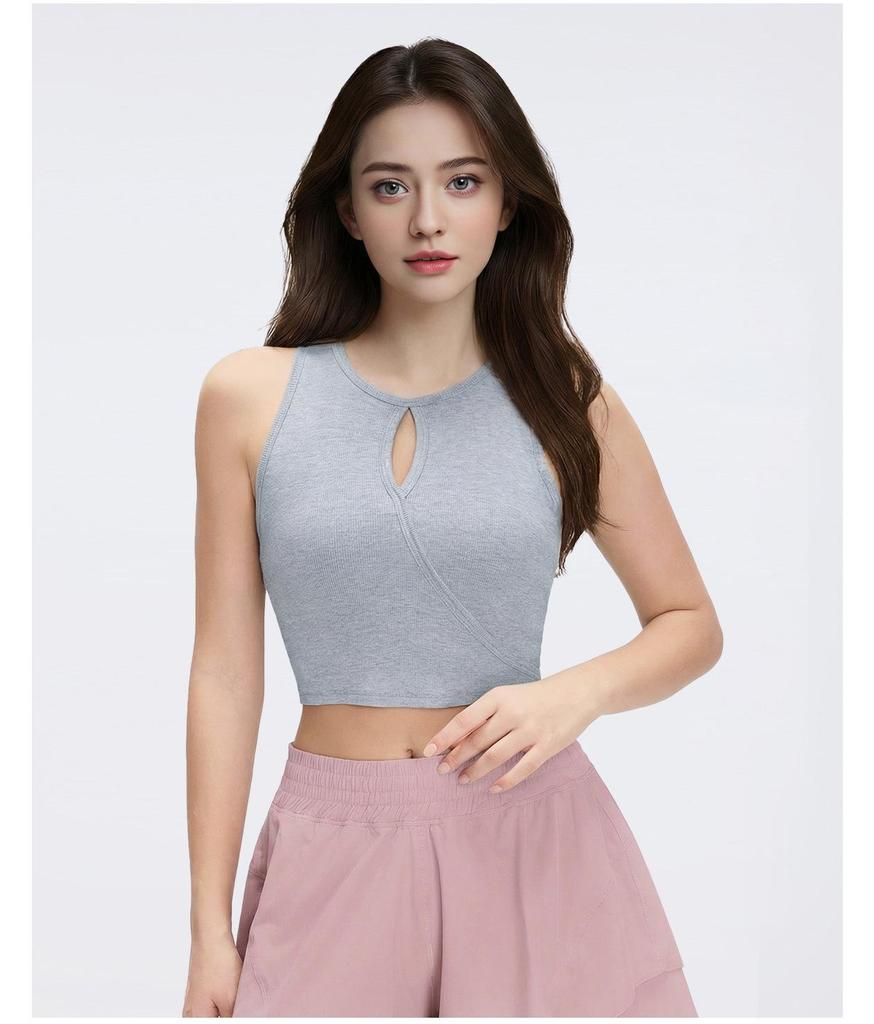 Women's Skin-friendly Modal Sports Vest, Summer Fitness, Round Neck, Hollow Out, Chest Pads, Sleeveless Yoga Top.