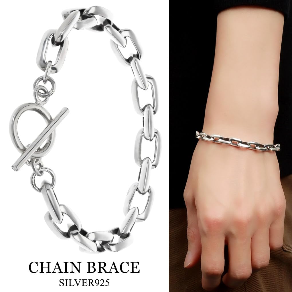 [Shinjuku Gin No Kura] Silver 925 Azuki Chain Bracelet with Mantle and T-Bar, 21cm, Simple Azuki Bean Toggle Clasp