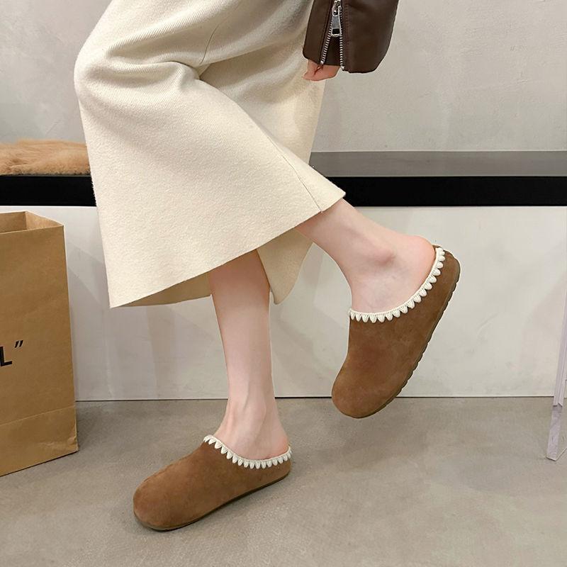 Winter New Thick Bottom Baotou Warm Women's Slippers Round Toe Lace Thickened Plush Cotton Shoes Brown Korean Version Slippers