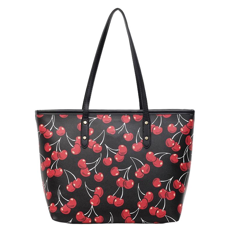 

New cherry printed tote bag pu shoulder messenger large-capacity bag summer fashion versatile commuter bag one size fits all чорний