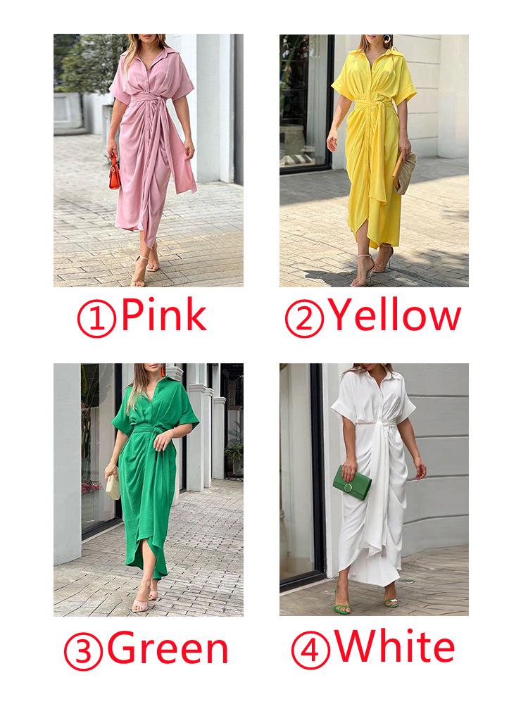 Evropské a americké dámské košilové šaty s klopami a vysokým pasem na rok 2025 - středně dlouhé, s krátkým rukávem, módní jednořadé zapínání