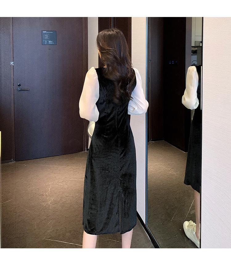 Autumn V-neck Velvet Patchwork Lantern Sleeve Floor-length Cinched Waist Retro Hepburn Dress