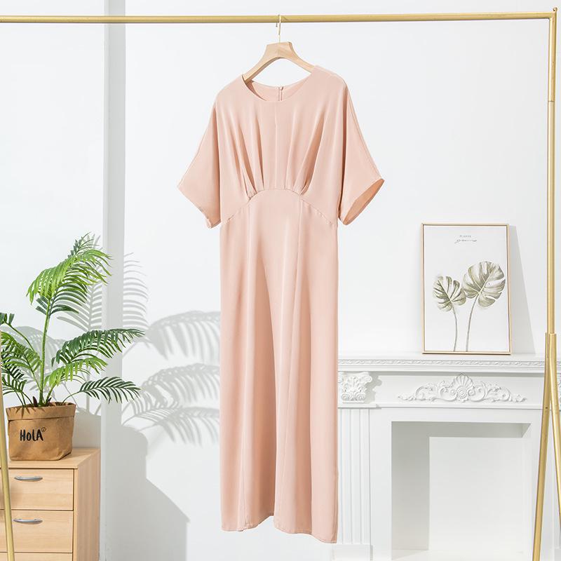 Women's Short Sleeve Real Silk Dress - Loose Fit, Solid Color, Round Neck, Long Length