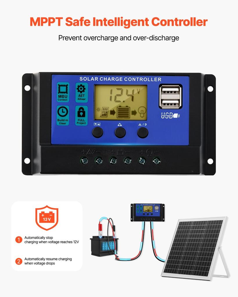 20W 12V Solar Panel Battery Charger, Solar Battery Trickle Charger Maintainer with Intelligent MPPT Controller & Adjustable Mount Bracket, IP67