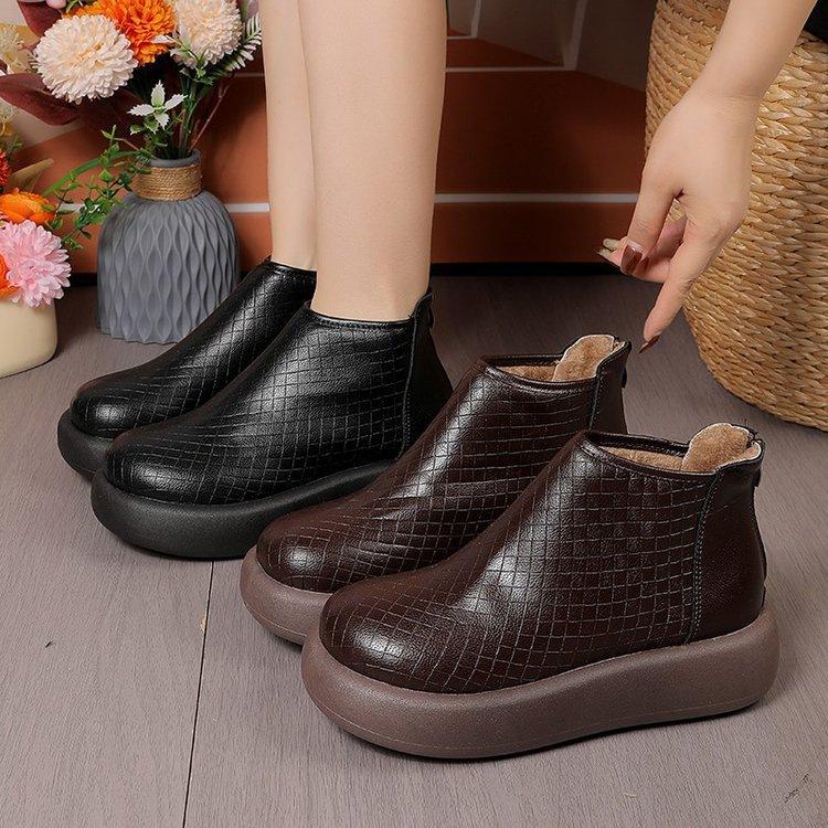 Small Short Boots Autumn and Winter New Retro Wedge Heel Thick Sole Heightened Zipper Cotton Boots Velvet Warm Martin Boots