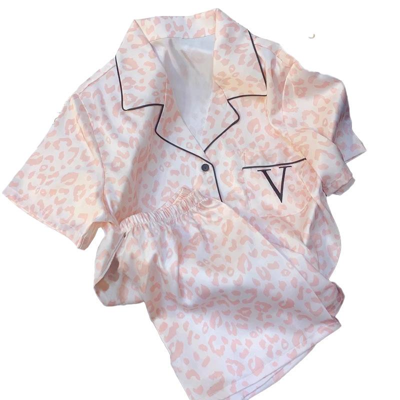 Summer Advanced Sense of Women's Ice Silk Pajamas Homewear Suit Spring and Summer Leopard Print Full Print Pajamas Homewear