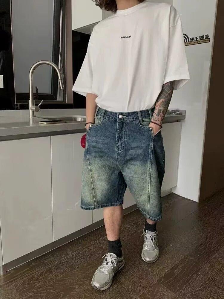 American Retro Casual Washing Design Denim Shorts Men's Old Splicing Versatile High Street Five-point Pants Summer