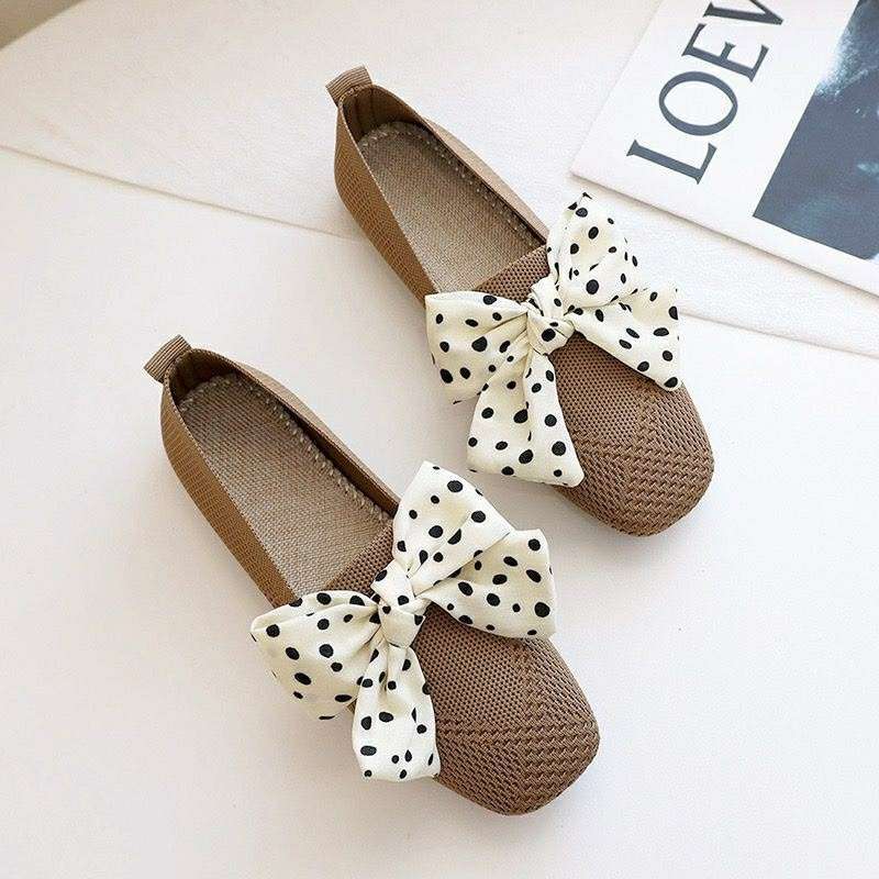 Single shoes female bow fairy wind one pedal flying woven beanie shoes soft sole breathable knitted shoes female summer