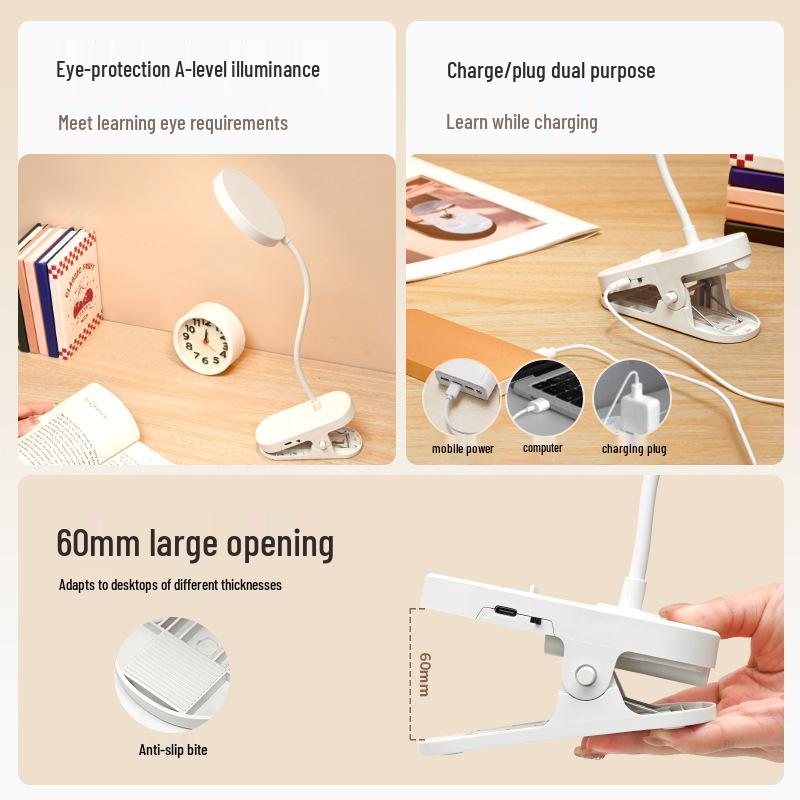 LED Desk Lamp with Flexible Hose and Clip, Dual Power Options for Student Reading