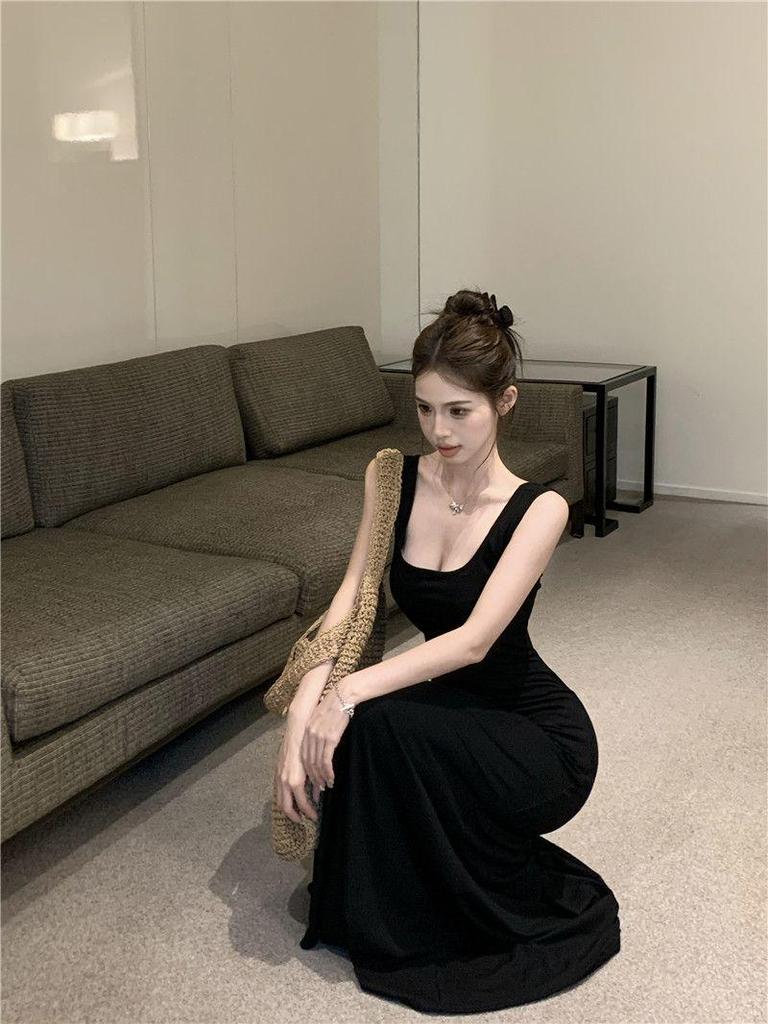 Black Summer Backless Spaghetti Strap Maxi Bodycon Dress
