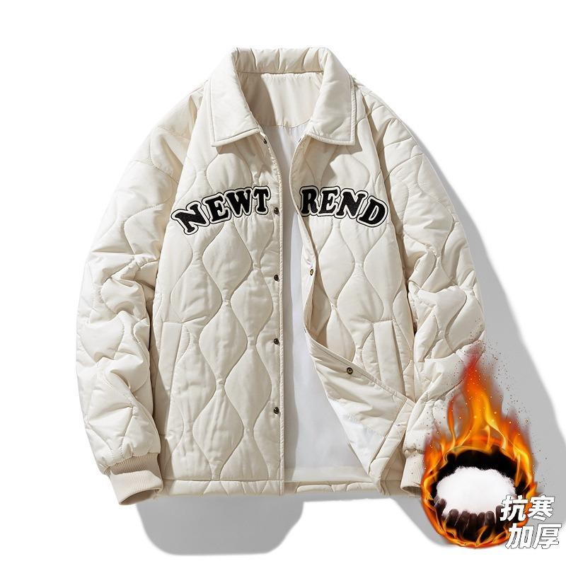 

Single-breasted lapel cotton-padded coat for men s winter new trend rhombus grid letter embroidery casual loose coat for men 5XL