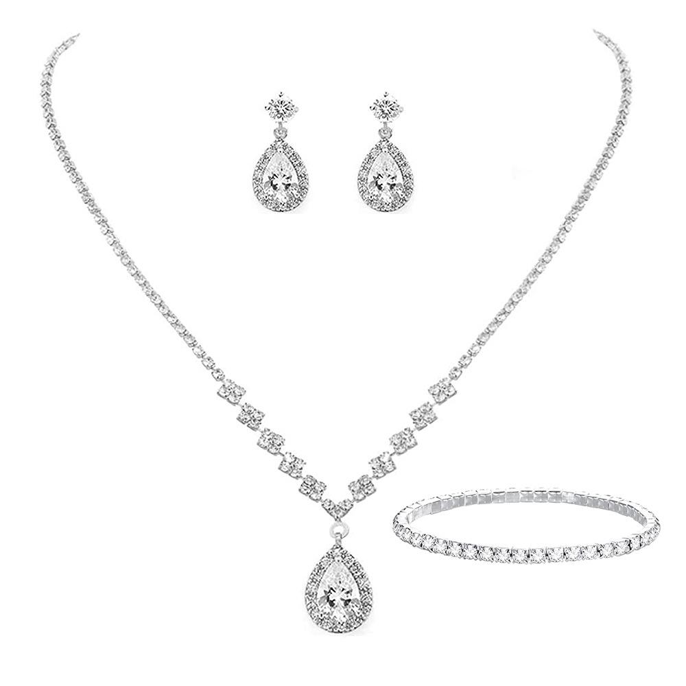 Bridesmaids Ball Outfit Rhinestone Jewelry Set Bridal Wedding Metal Zircon Water Drop Wave Necklace Earrings Bracelet