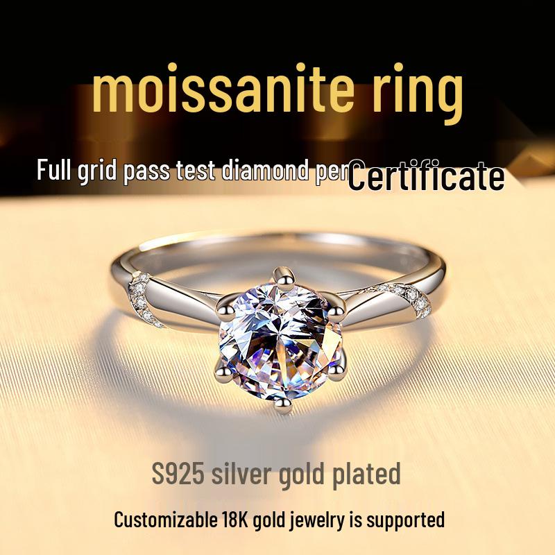 

S925 Sterling Silver Moissanite Six-Prong Open Ring for Women Adjustable