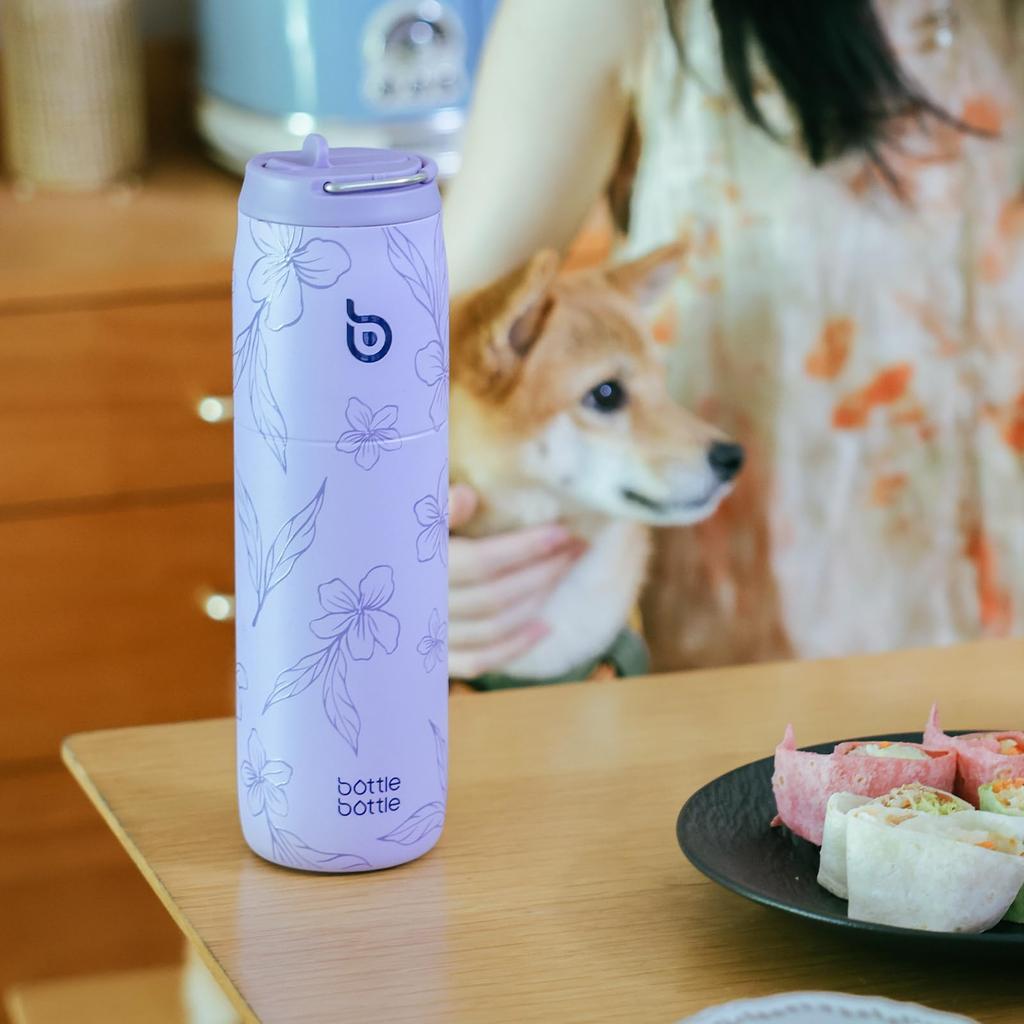 BOTTLE BOTTLE Water 1 Large Capacity with Direct Vacuum Stainless Steel Double for Girls and Purple Bloom Bottle, Liter, (1000ml), Straw, Drinking,