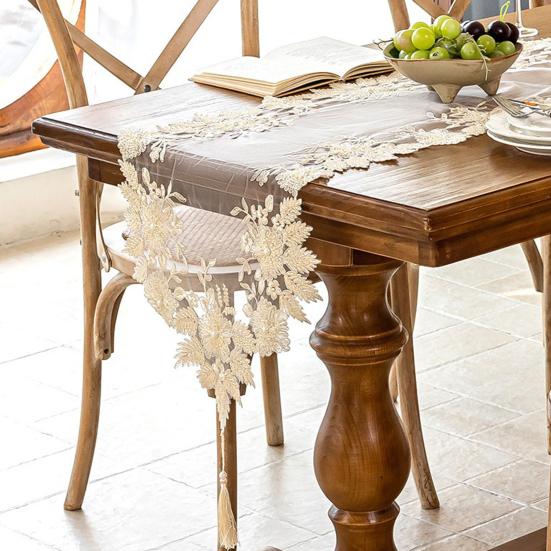 Lace Table Runner with Tassels, Anti-Wrinkle Vintage Table Runner, Decorative Runner with Beaded Flower & Leaf Embroidery for Dining Coffee Table