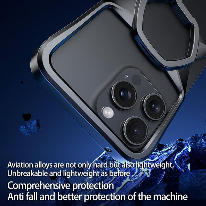 Hot Aluminum Alloy Magnetic Frameless Phone Case for iPhone 16 15 14 Pro Max With Metal Kickstand Shockproof Bumper Shells Cover