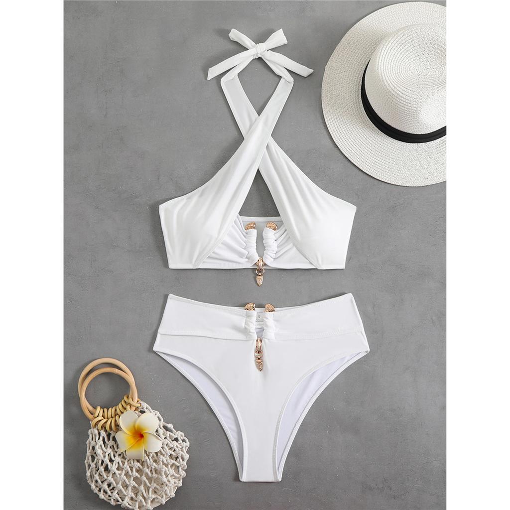 2025 Halter Cut Out High Waist Bikini Female Swimsuit Women Swimwear Two-pieces Bikini Set Padded Bather Bathing Suit Swim V6256