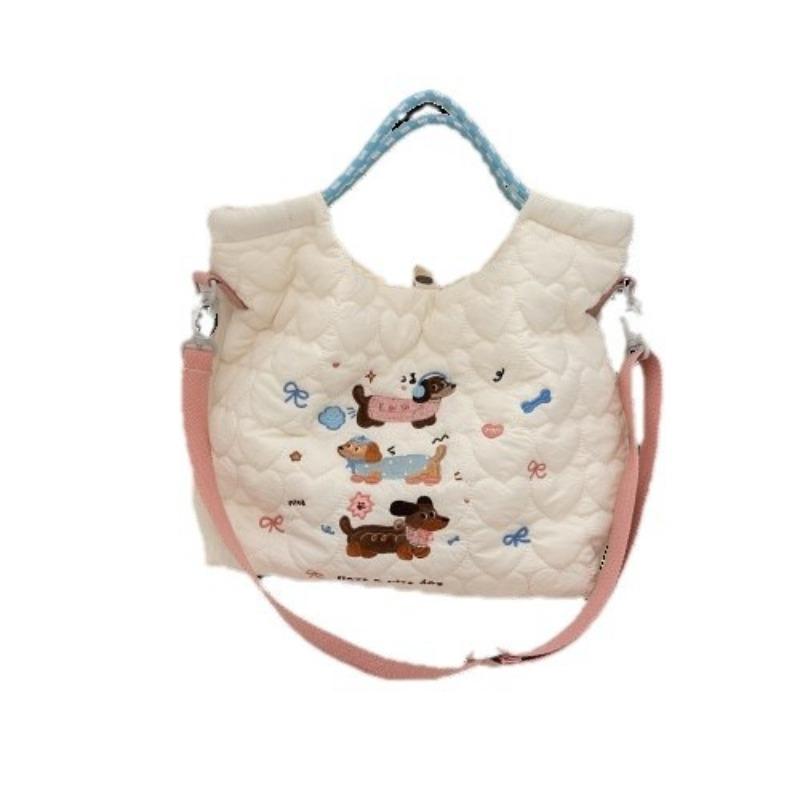 2 Cartoon Embroidery Soft Cute Messenger Bag Large Capacity Shoulder Tote Bag Quilting Cotton Commuter Tote Bag