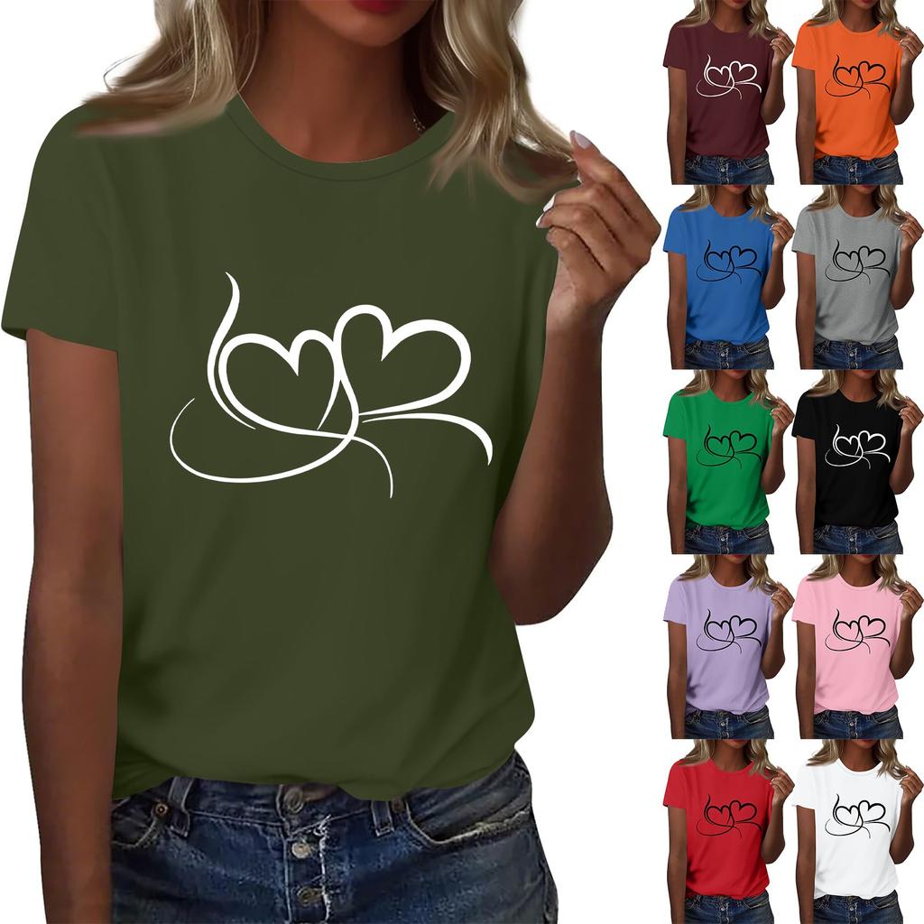 Ladies' Loose Comfortable Casual Fashionable  Heart Pattern Printed Round Neck Short Sleeved Shirt