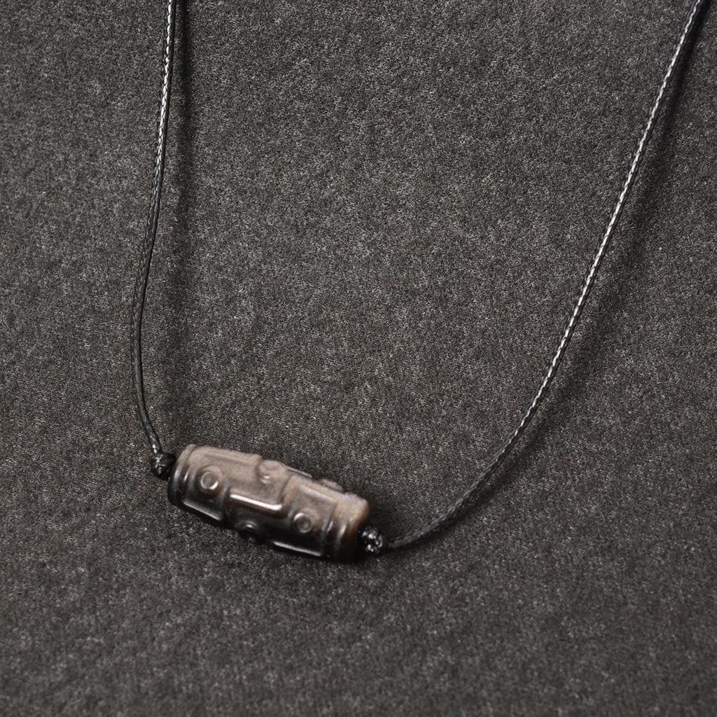 Women's Silver-Luster Obsidian Nine-Eyed Dzi Pendant Necklace with Adjustable Cord