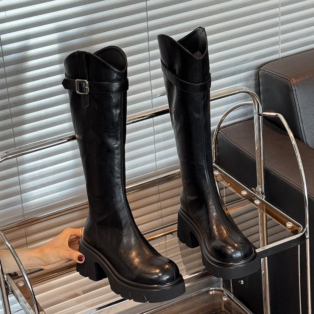 Women's new autumn style V-neck long tube boots with a knee length and thick sole height increasing fashion boots