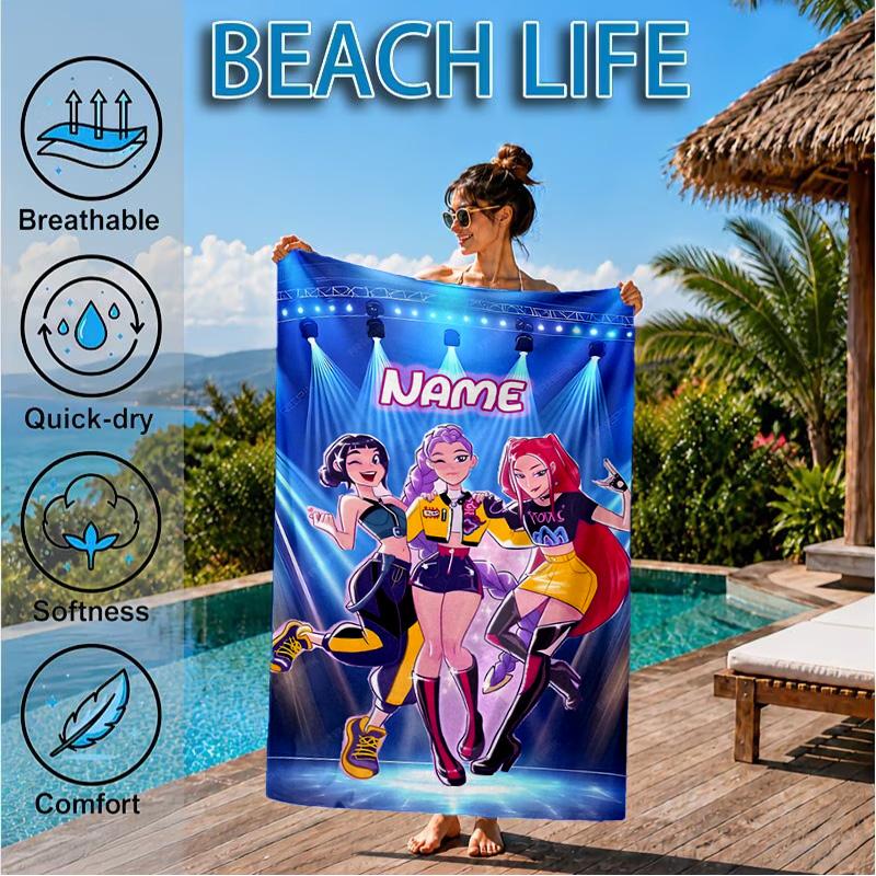 Custom Name KPop Cartoon Beach Towel Microfiber Beach Towel, Lightweight and Quick-Dry, for Summer Travel, Swimming Pool Gift