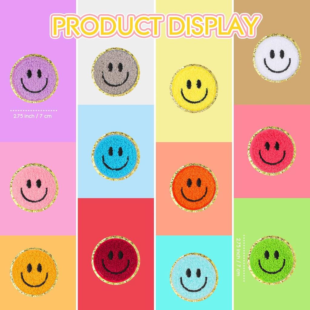 72 Pcs Self Adhesive Smile Face Patch Chenille Patches Colorful Cute Happy Face Chenille Patch Applique for Clothing Fabric Jackets DIY Mobile Phone