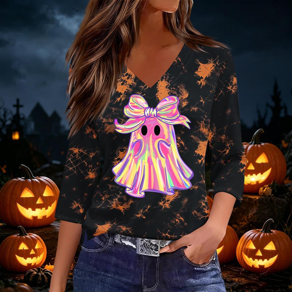 Women's Halloween Print V-Neck Three-Quarter Sleeve Top Casual Blouse for Party