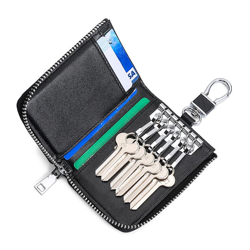 Multifunctional Leather Household Key Bag Men's and Women's Zipper Carbon Fiber Pattern Car Door Key Bag 2-in-1 Key Bag