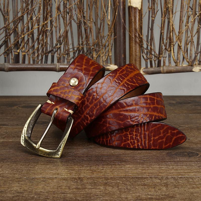 Thickened African Bison Leather Shrink Pattern Retro Rough Pattern Belt Men'S Genuine Leather First Layer Cowhide Tree Pattern Rough Personality Belt