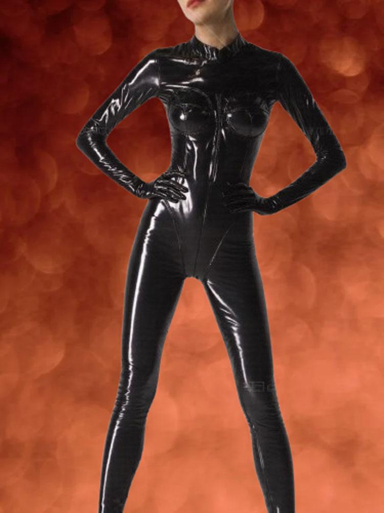 Combinaison Brillante PVC Wetlook Amincissante Poitrine Chaude Sexy Zentai Bodysuit Faux Latex Gant Cinq Doigts Collant Intégral Leotard Femme