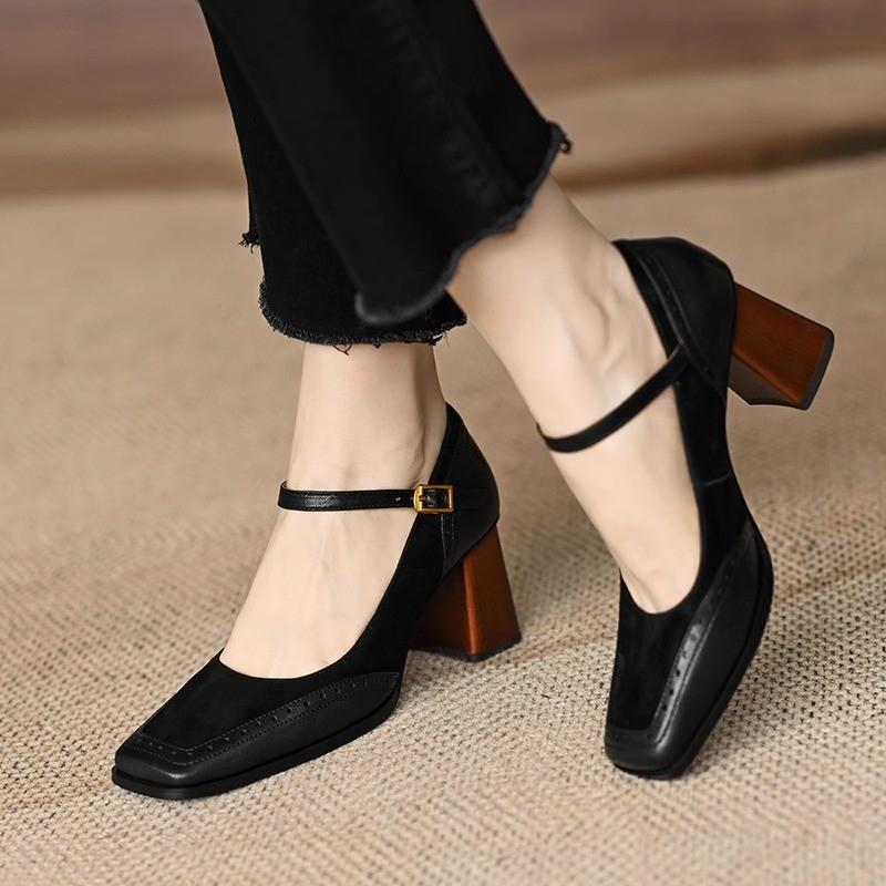 Autumn New Coarse Heel Single Shoes Women's Square Head Shallow Mouth One Line Buckle High Heel Low Top Shoes