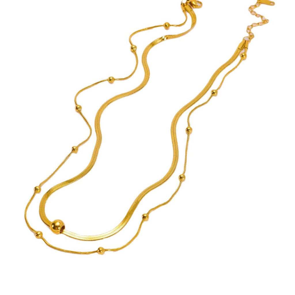 Retro Minimalist Double-Layer Gold Bead Titanium Necklace - Light Luxury Clavicle Chain Jewelry